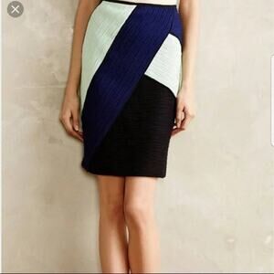 Anthropologie Maeve Navy Teal Color Block Pleated Mini Pencil Skirt Women's 2
